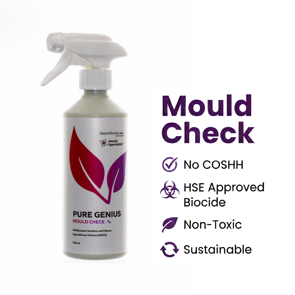 Front label of Mould Check 500ml mould removal spray for walls and ceilings. Showing benefits of no COSHH, HSE Approved Biocide, non-toxicity and sustainability.